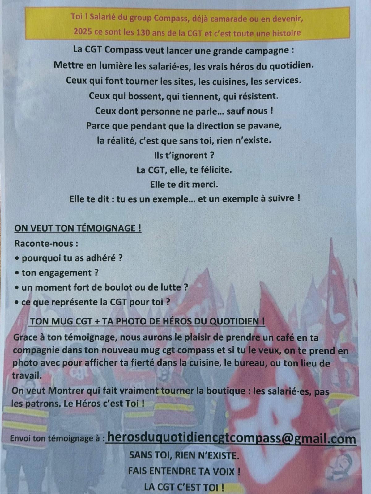 Toi ! Salarié du group Compass, déjà camarade ou en devenir, 2025 ce sont les 130 ans de la CGT et c’est toute une histoire Toi ! Salarié du group Compass, déjà camarade ou en devenir, 2025 ce sont les 130 ans de la CGT et c’est toute une histoire
