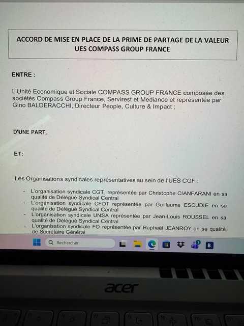 ACCORD DE MISE EN PLACE DE LA PRIME DE PARTAGE DE LA VALEUR UES COMPASS GROUP FRANCE