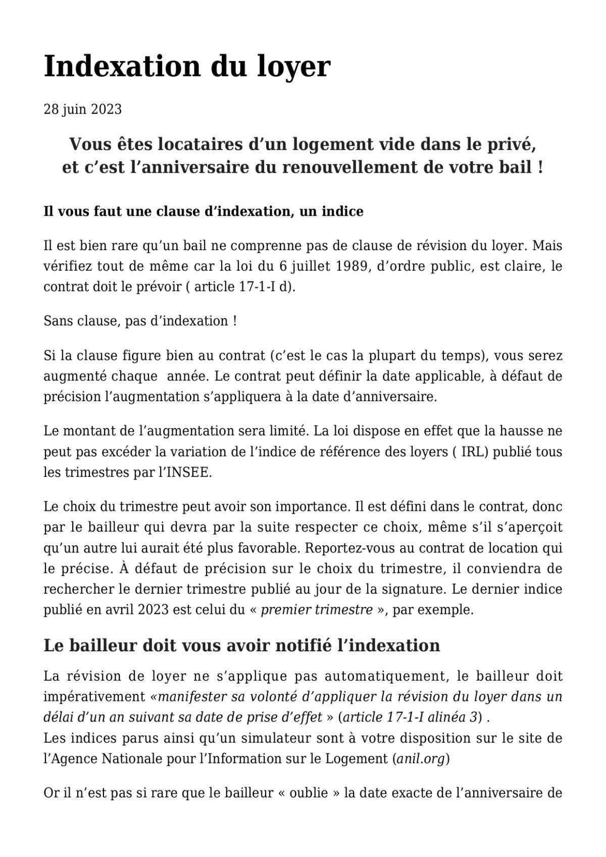 LOGEMENT : Indexation du loyer