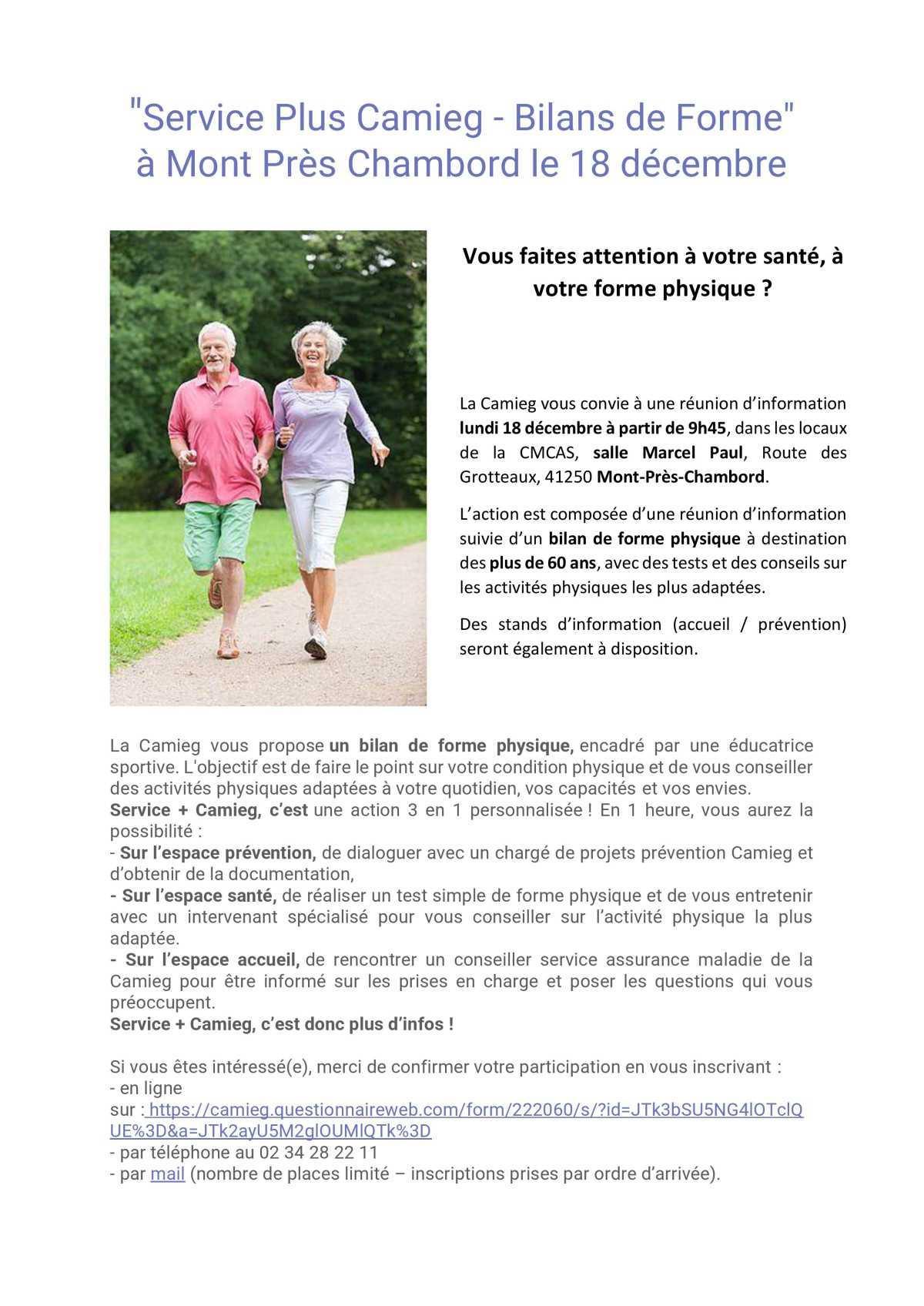 Camieg - Bilans de Forme" à Mont Près Chambord le 18 décembre Camieg - Bilans de Forme" à Mont Près Chambord le 18 décembre