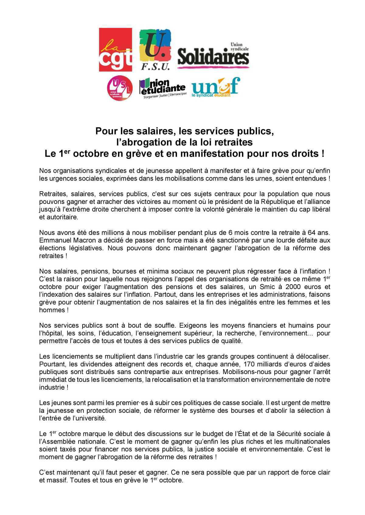 Salaires, retraites, services publics, industrie : le 1er octobre, on se mobilise pour gagner des avancées.