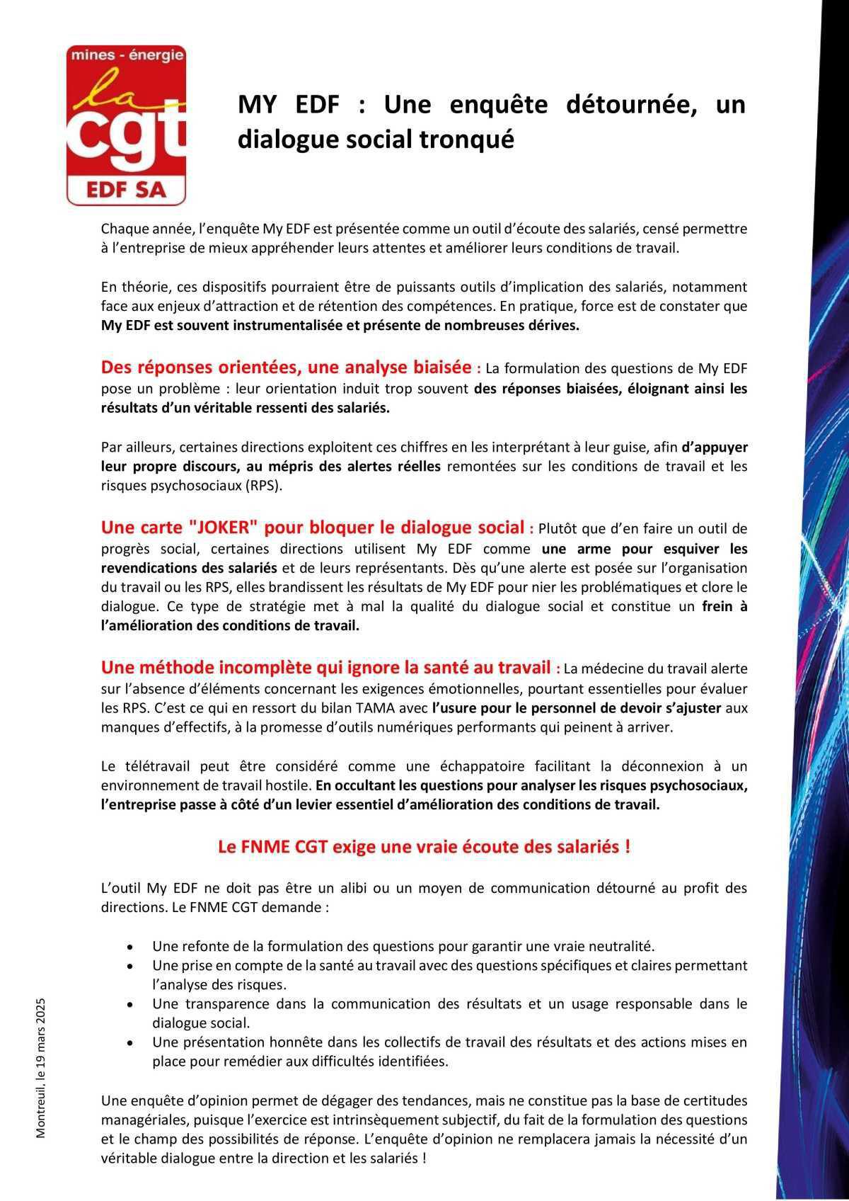 MY EDF : Une enquête détournée, un dialogue social tronqué
