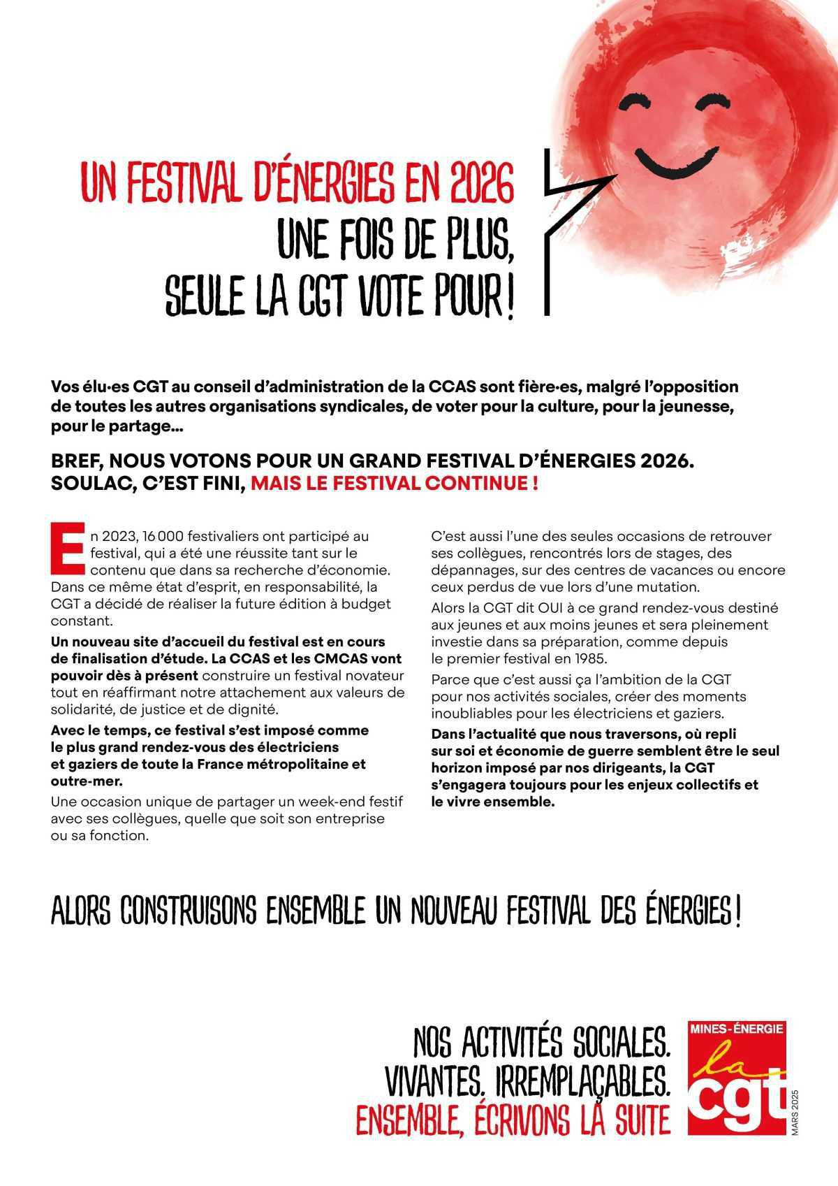 Un festival d’énergies en 2026 : Une fois de plus, seule la CGT vote pour !