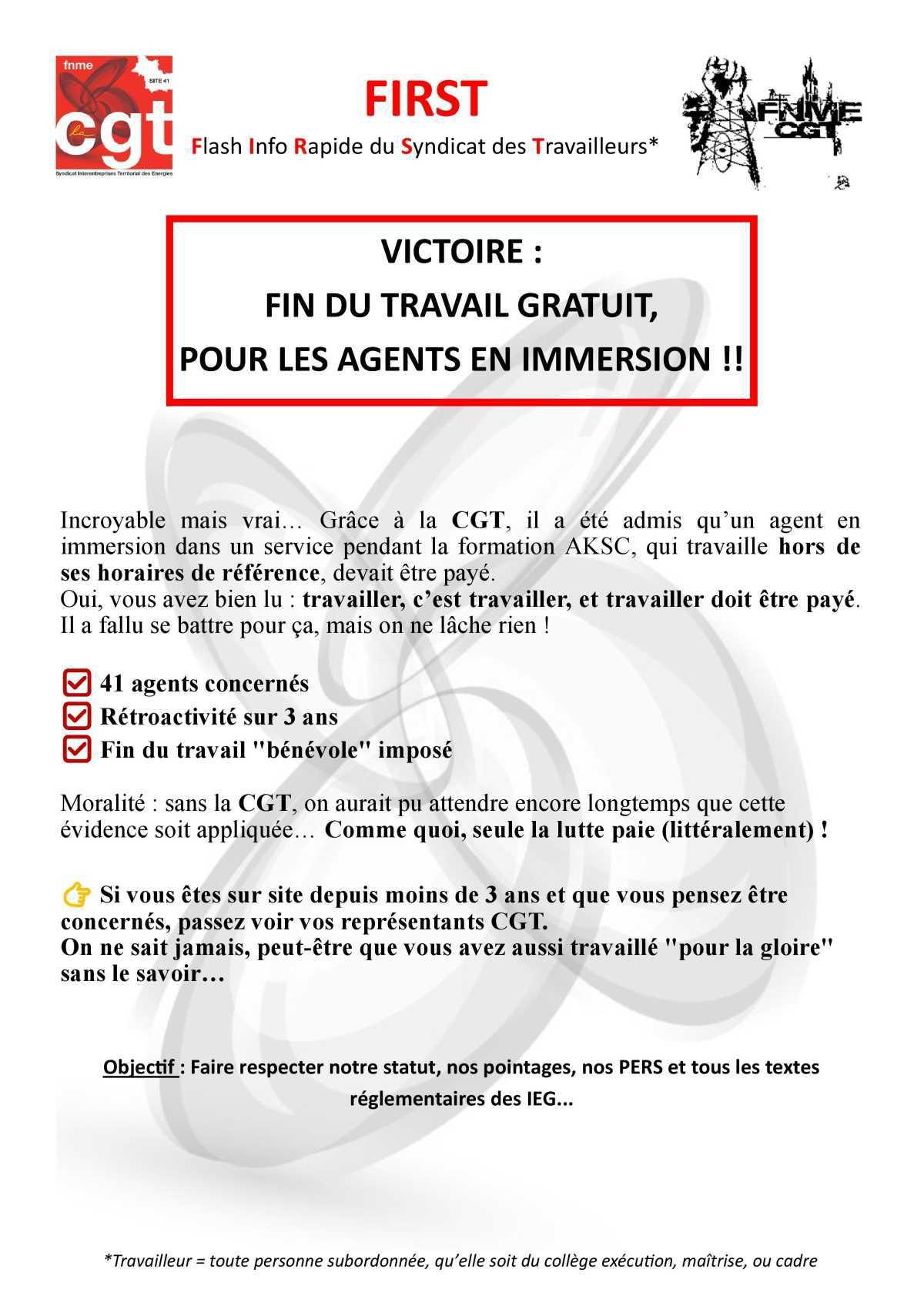 Victoire : Fin du travail gratuit, pour les agents en immersion !! 