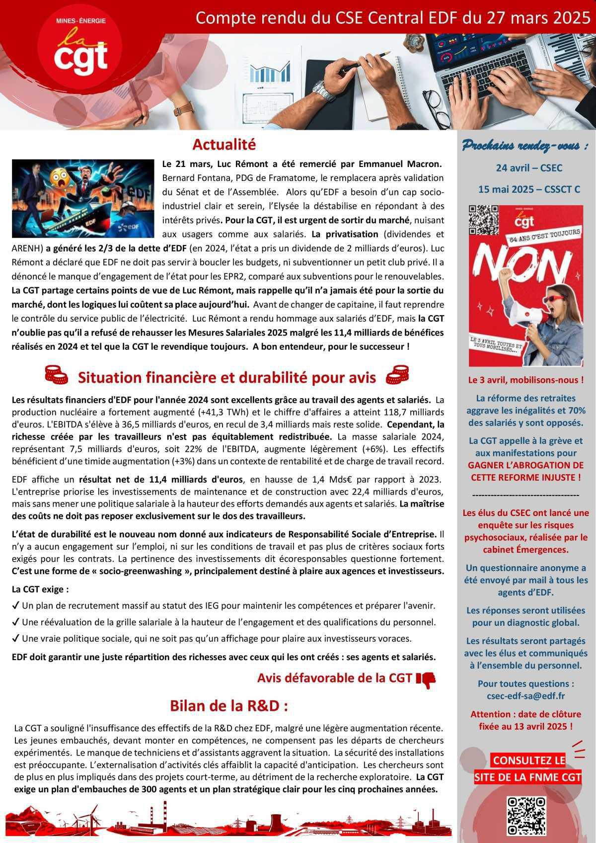 Compte rendu du CSE Central EDF du 27 mars 2025