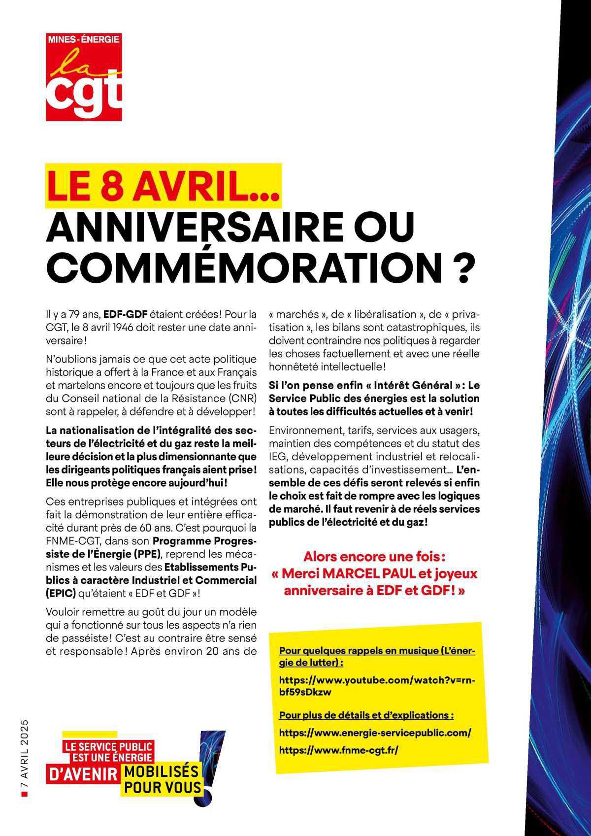 Le 8 Avril… Merci Marcel PAUL et joyeux anniversaire à EDF et GDF !