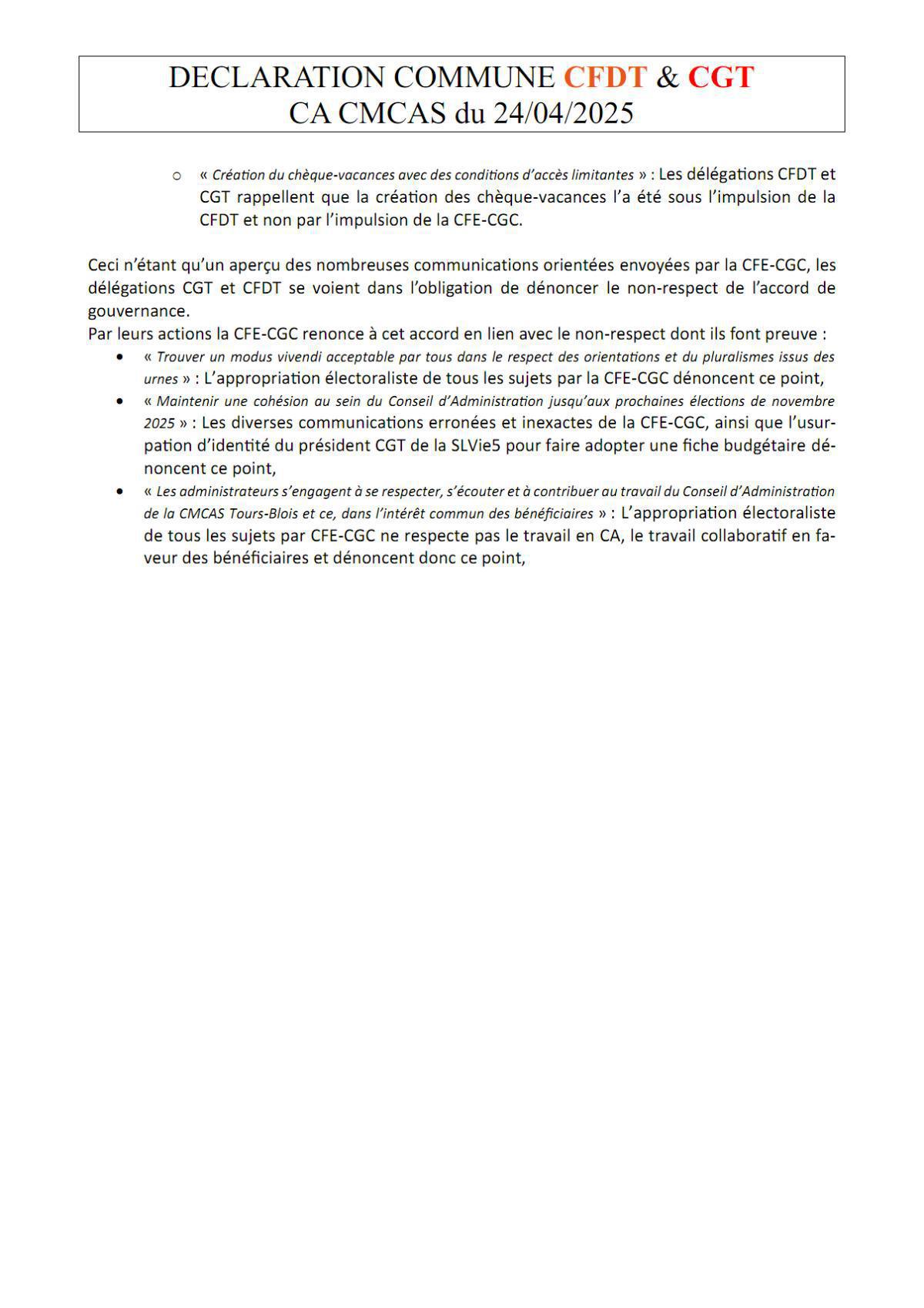 Alerte de la CGT et CFDT sur les agissements de la CFE-CGC