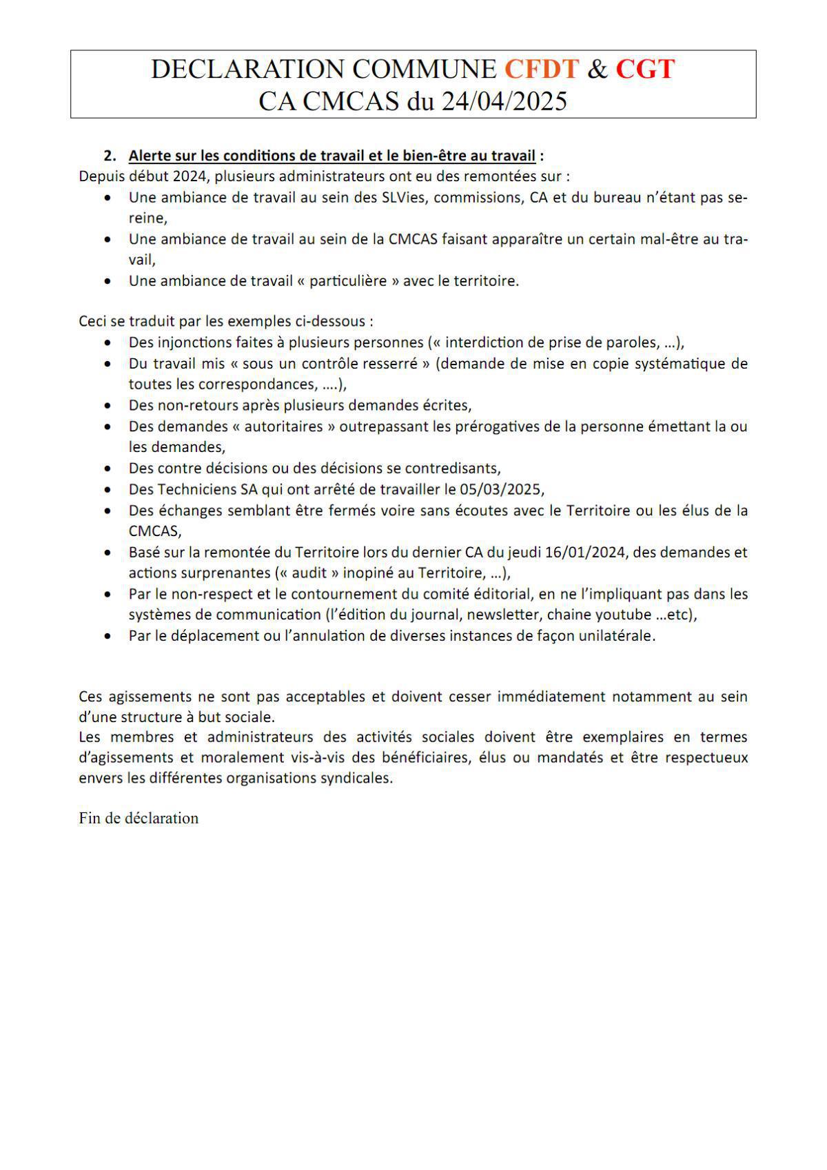 Alerte de la CGT et CFDT sur les agissements de la CFE-CGC