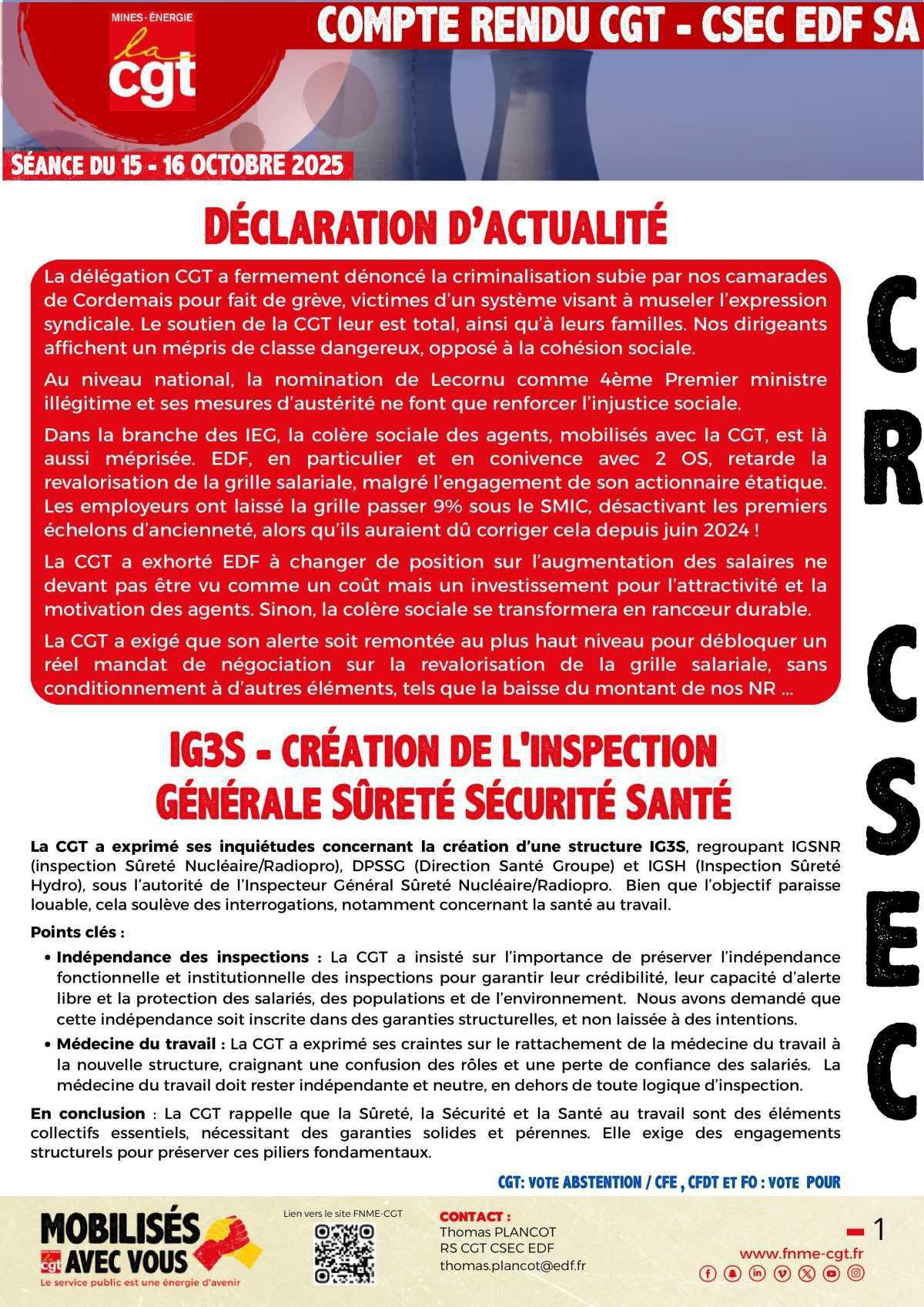 CSEC d’octobre : salaires, sûreté, nucléaire… la CGT en alerte ! 