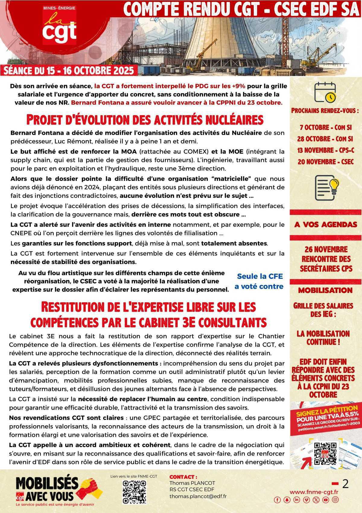 CSEC d’octobre : salaires, sûreté, nucléaire… la CGT en alerte ! 