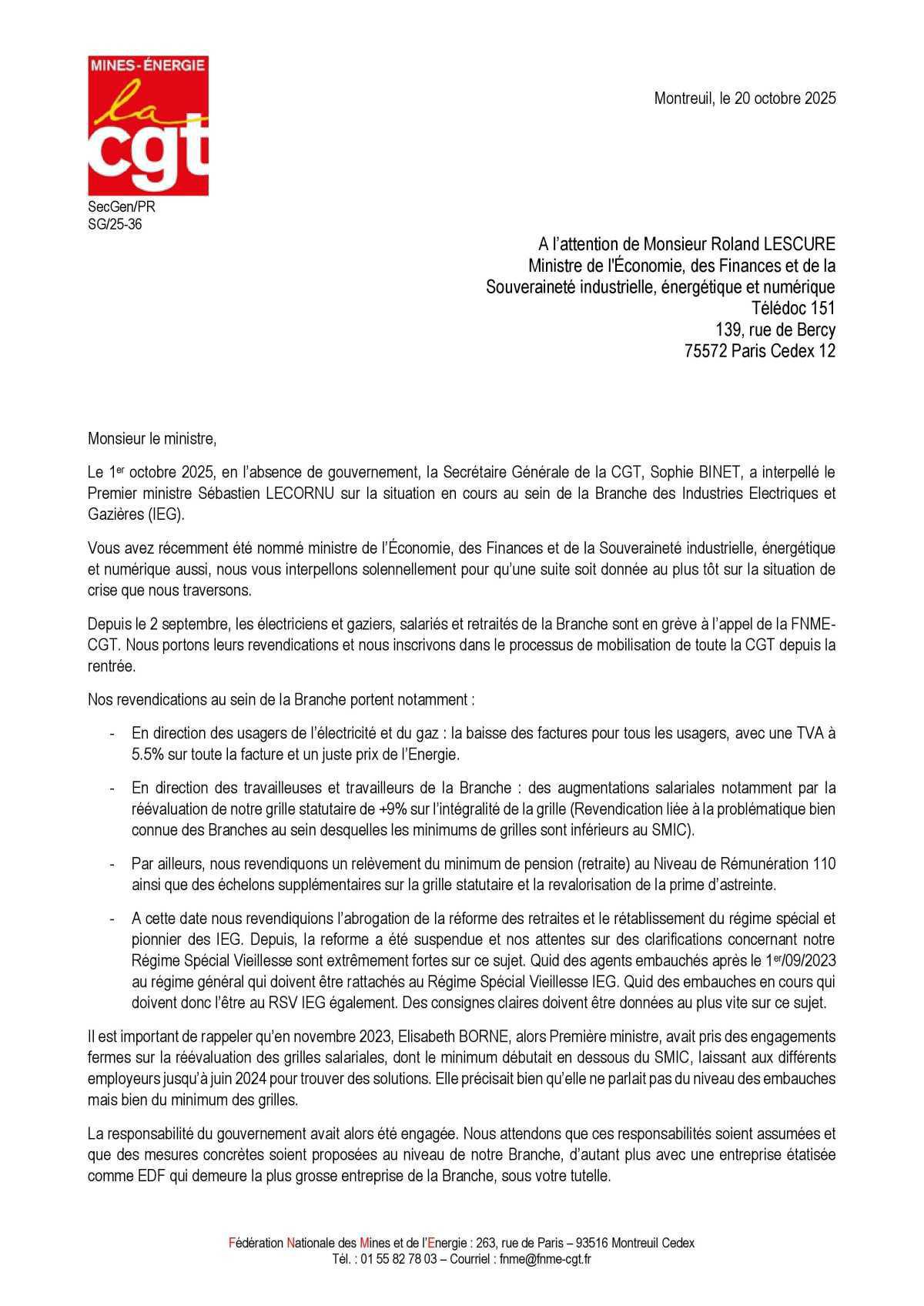 IEG : salaires, retraites, factures – la FNME-CGT interpelle le ministre