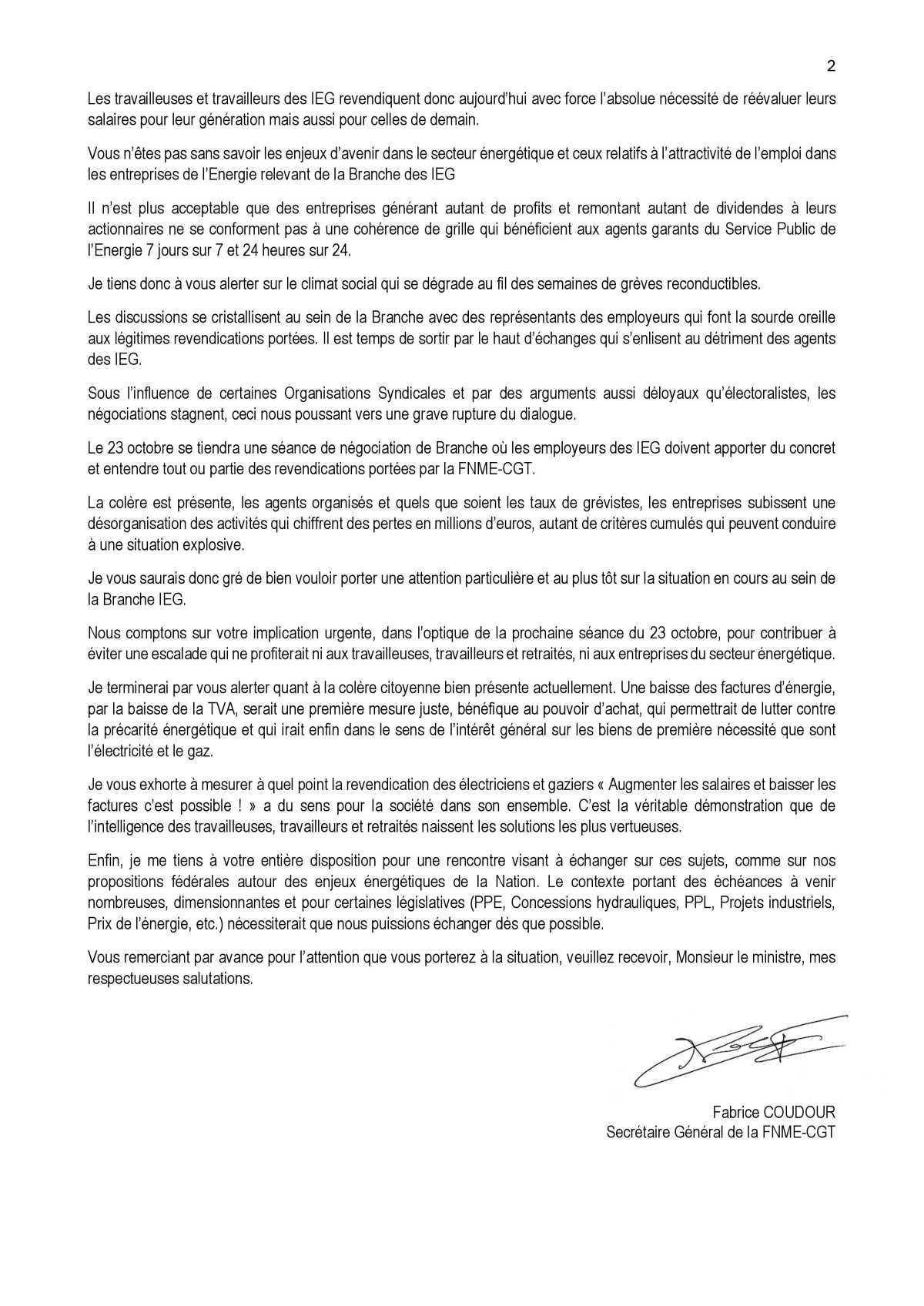 IEG : salaires, retraites, factures – la FNME-CGT interpelle le ministre