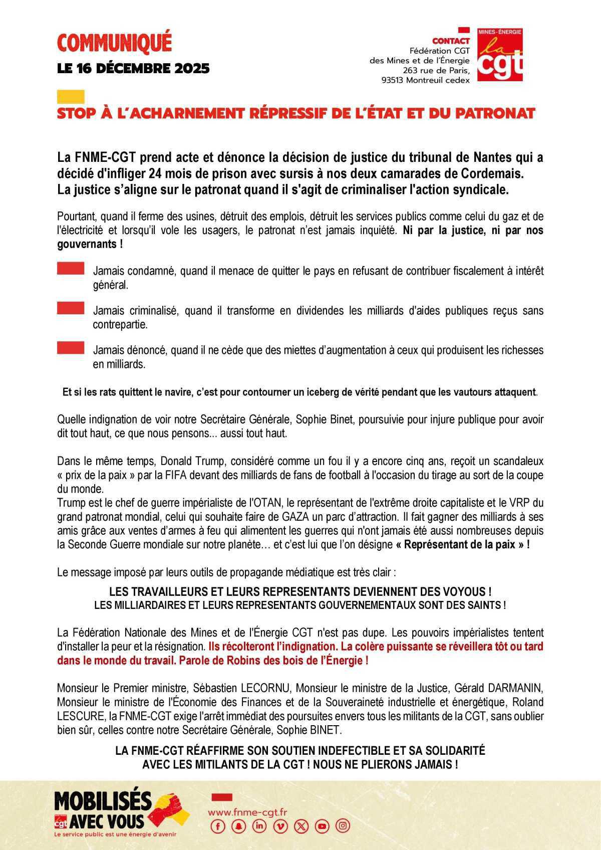 STOP à l’acharnement répressif de l’état et du patronat ! 