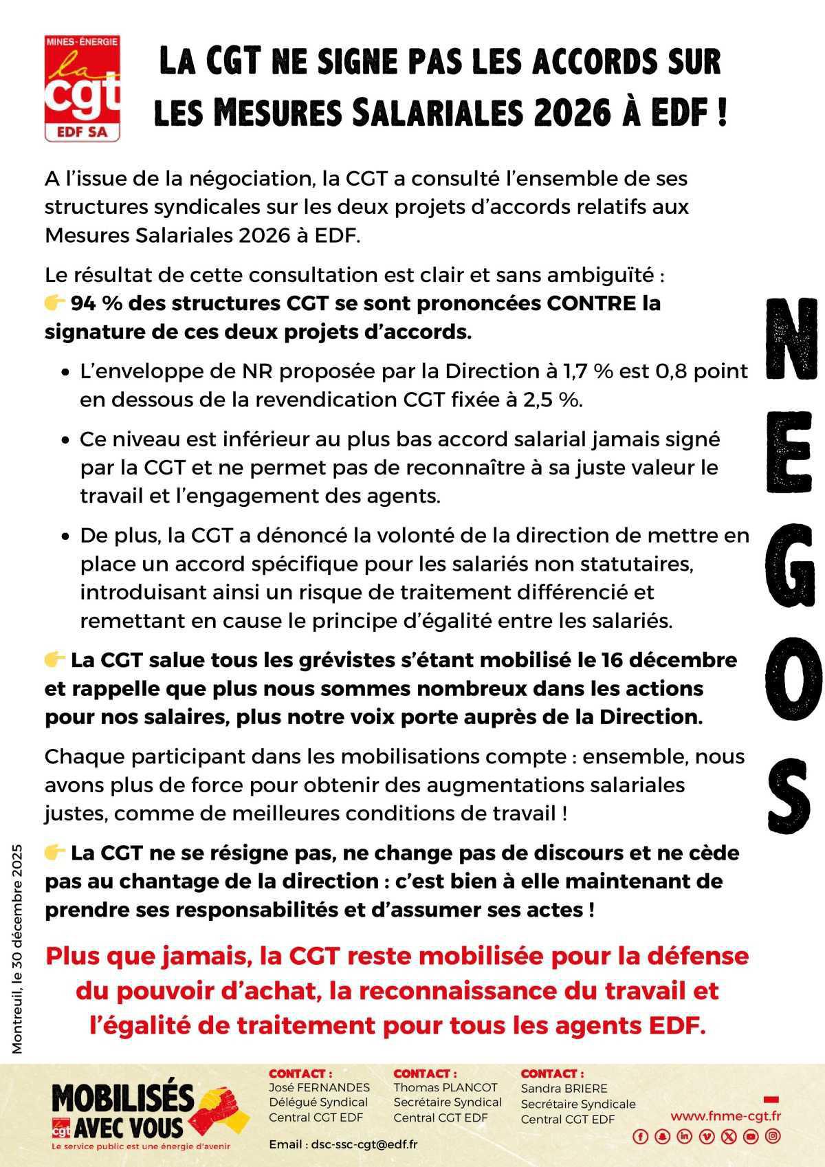 La CGT ne signe pas les accords sur les Mesures Salariales 2026 à EDF