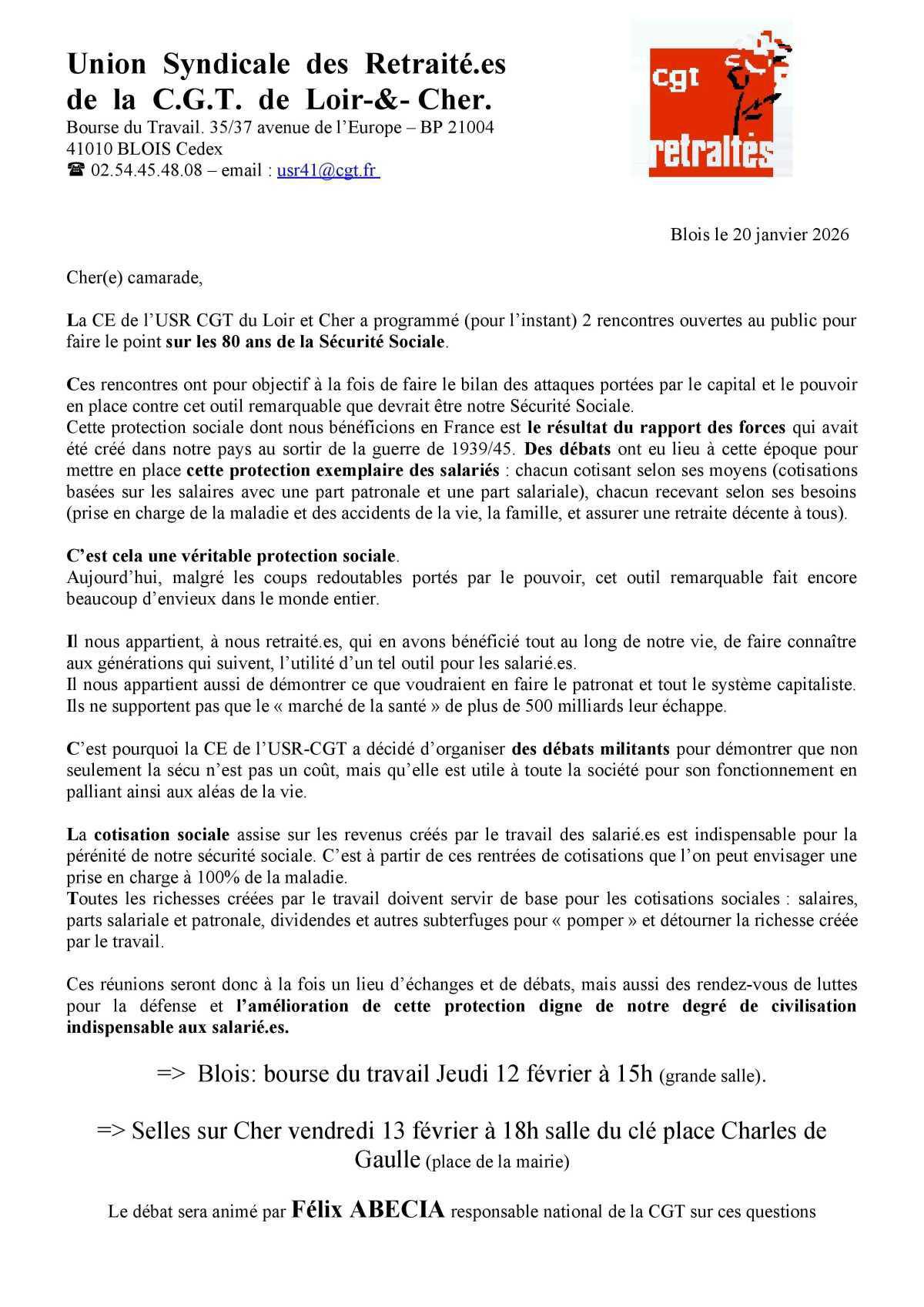 Débat le 12/02 à Blois sur les 80 ans Sécurité Sociale