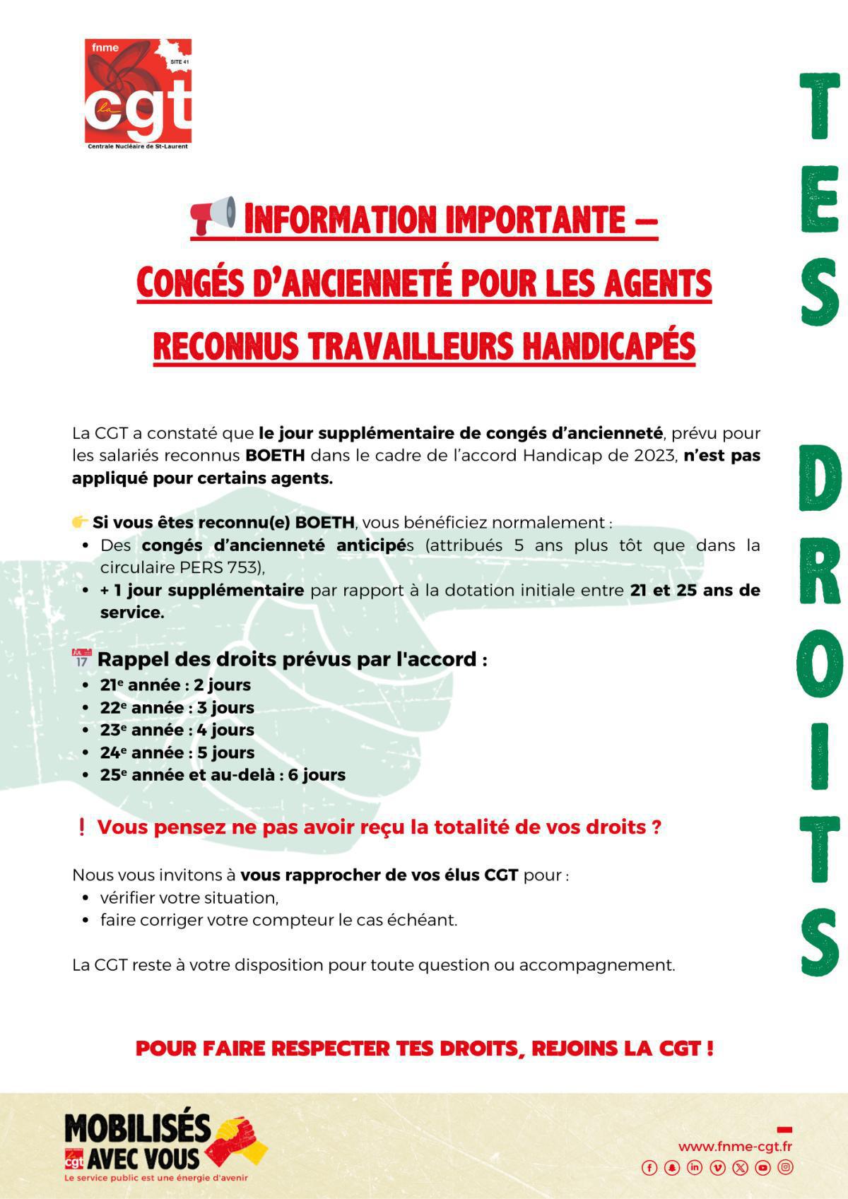 Congés d’ancienneté pour les agents reconnus travailleurs handicapés