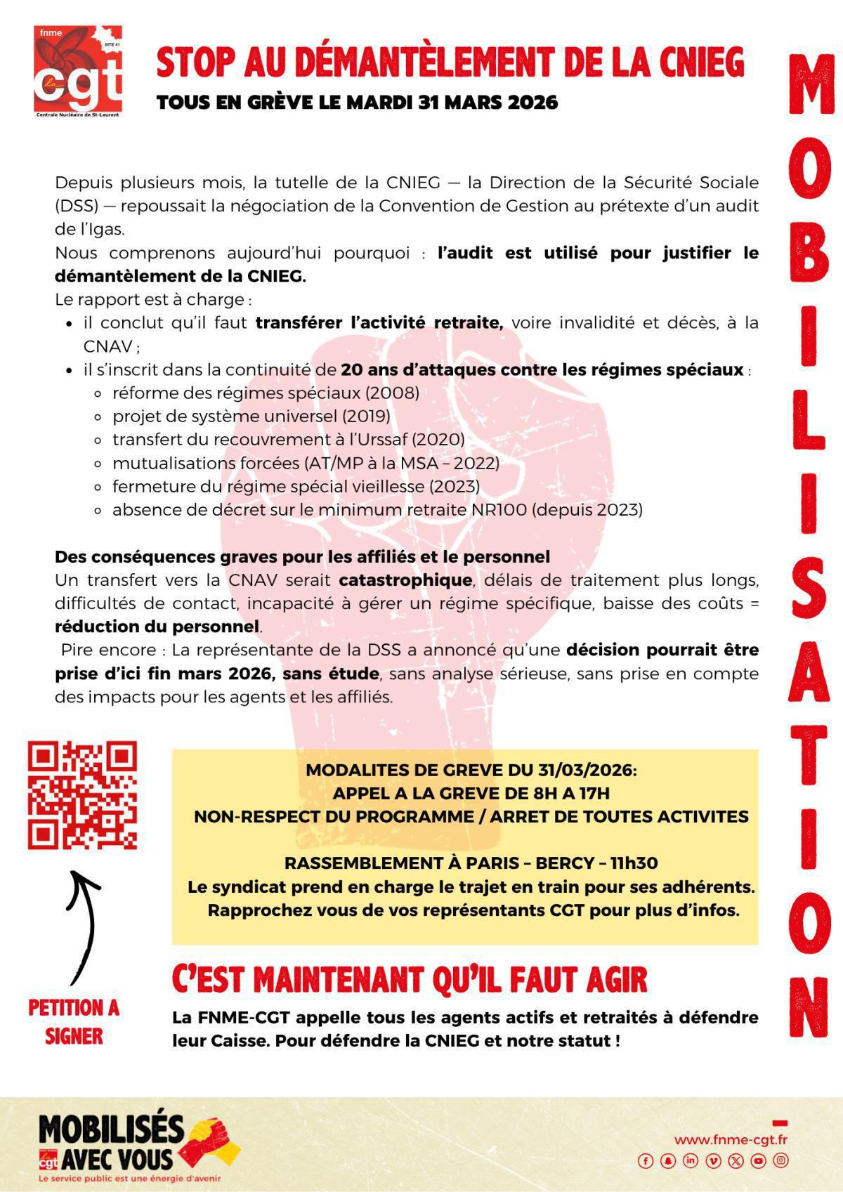 STOP au démantèlement de la CNIEG - En GRÈVE le MARDI 31 MARS 2026