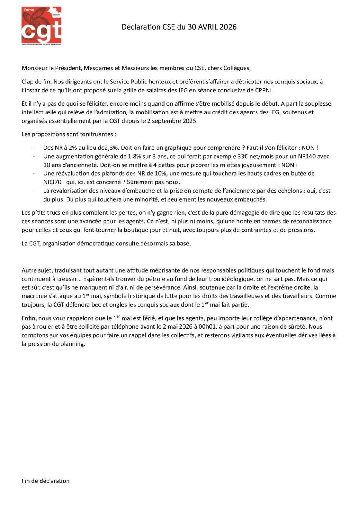 Compte Rendu CSE Avril 2026