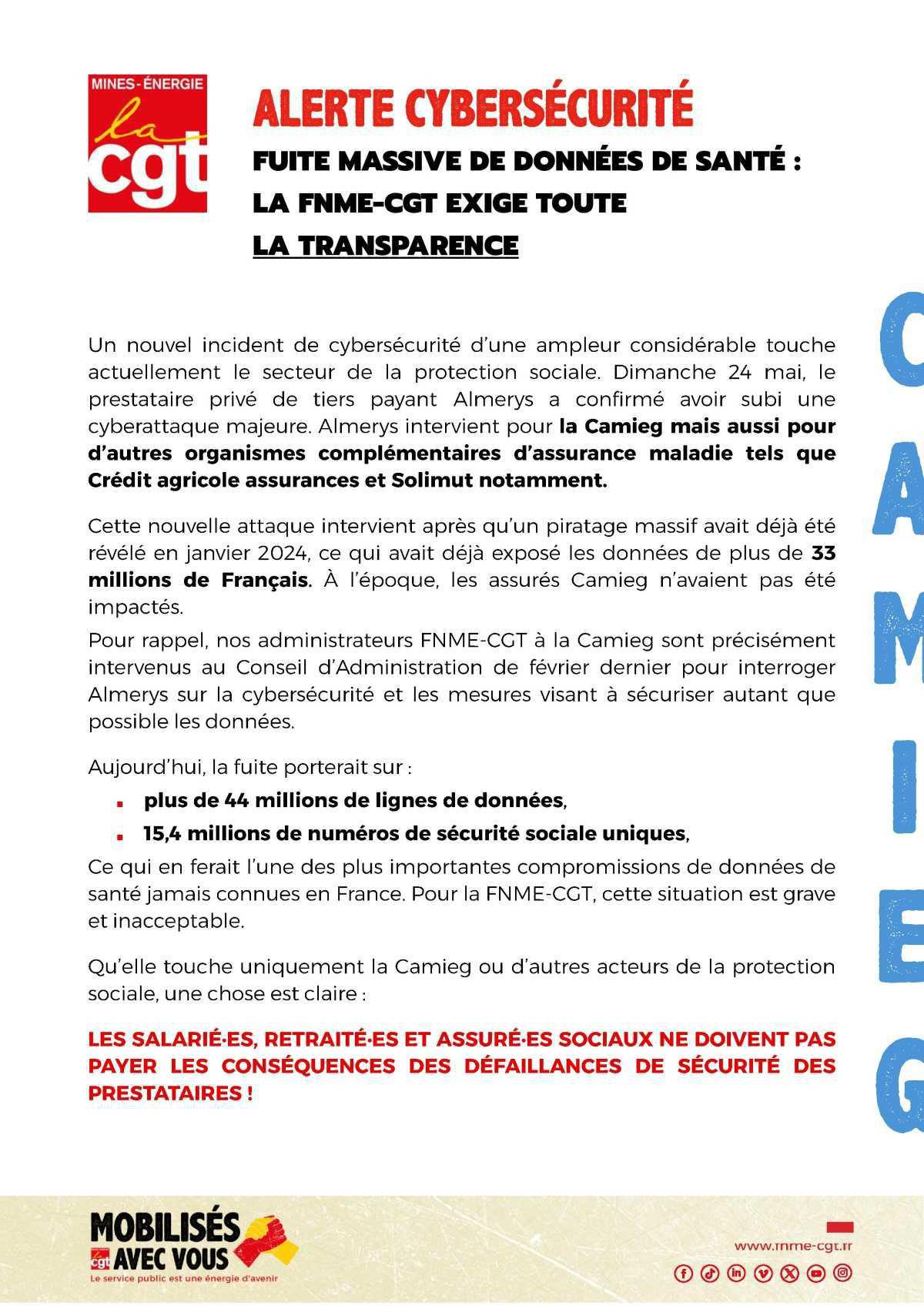  ALERTE CYBERSECURITE / Fuite massive de données de santé : la FNME-CGT exige toute la transparence