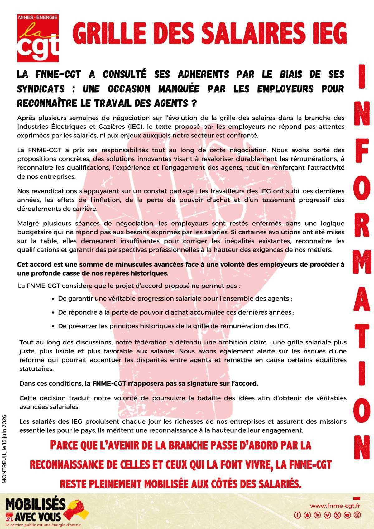 La FNME-CGT a consulté ses adhérents par le biais de ses syndicats, Résultats : c’est NON !!
