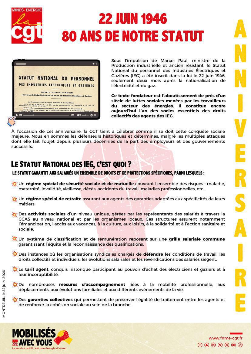 Bon anniversaire au Statut des IEG : 80 ans de conquêtes à défendre !