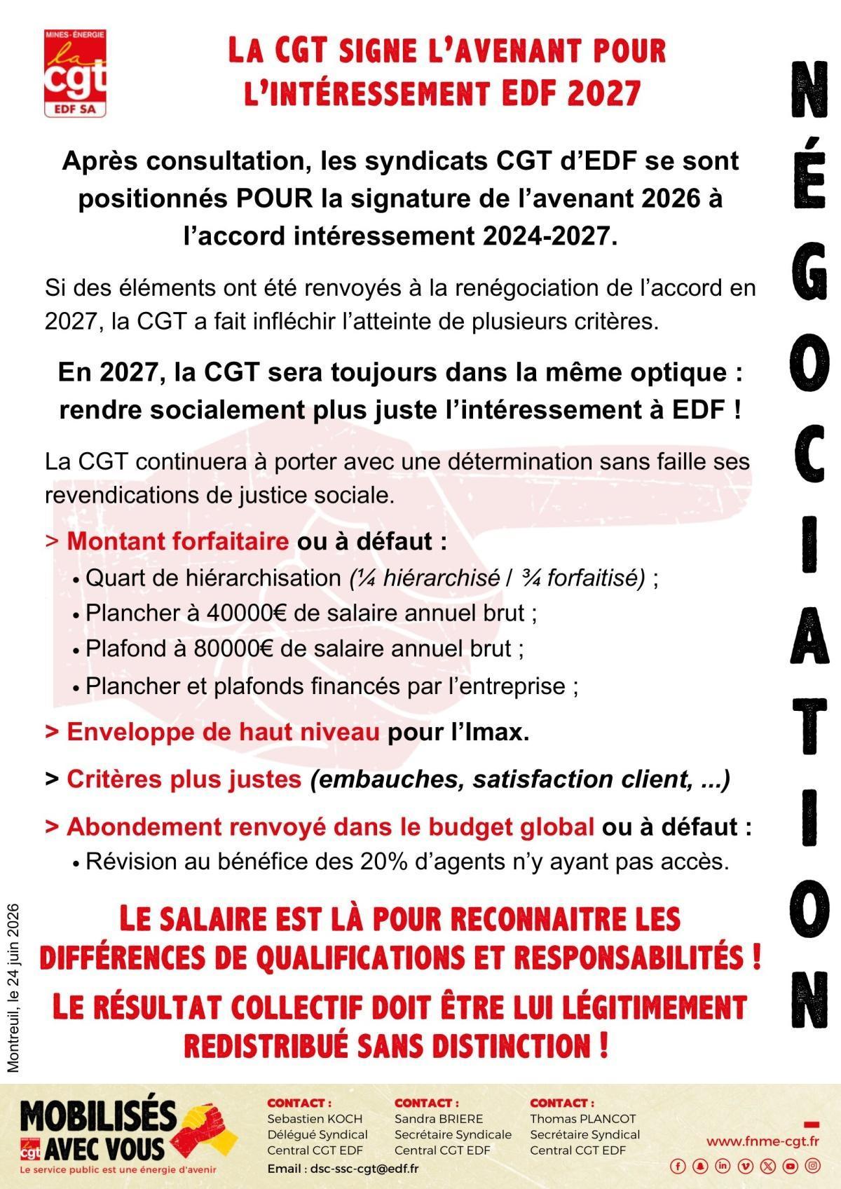 La CGT signe le projet d'avenant pour l'intéressement EDF 2027