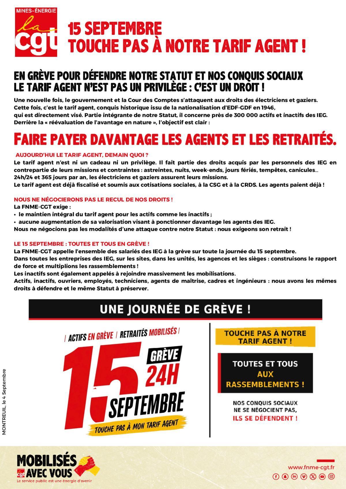 Aujourd'hui le tarif agent, demain quoi ??? - LE 15 TOUTES ET TOUS EN GREVE