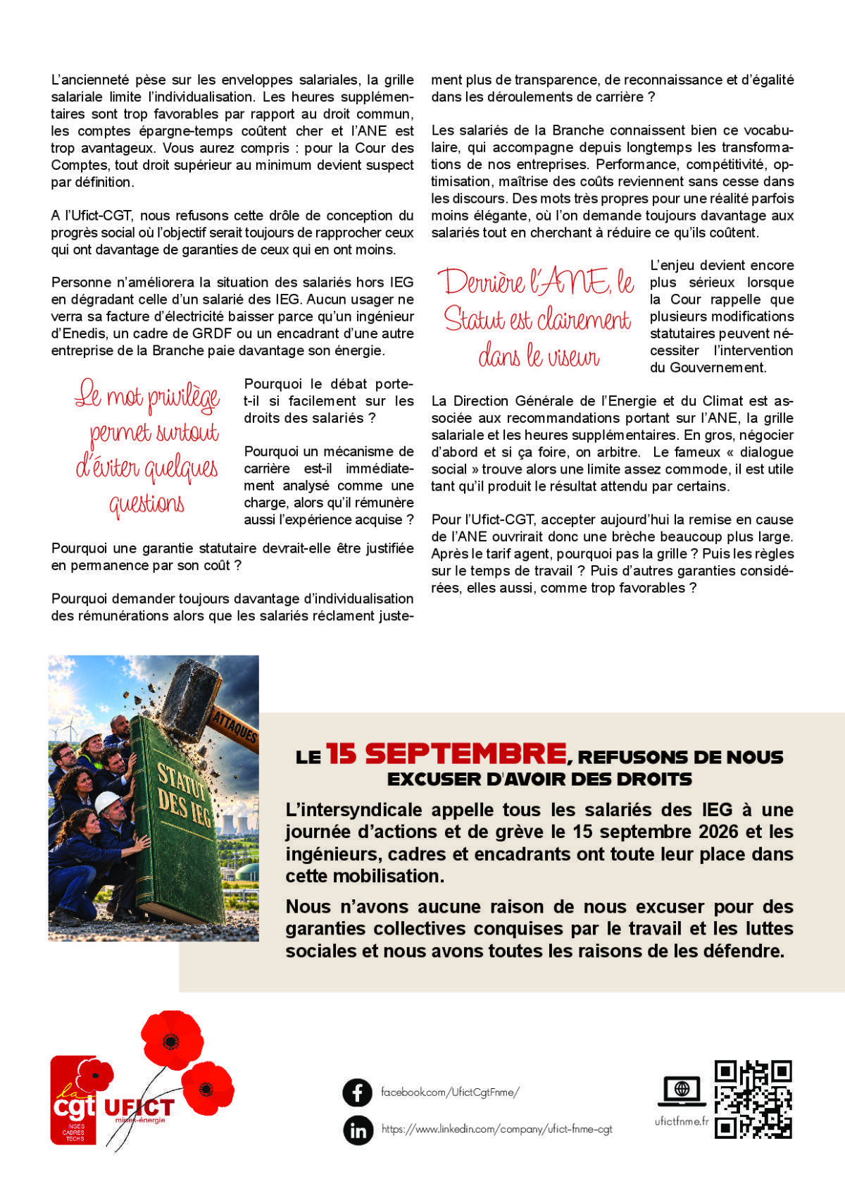En grève massive le 15 septembre, Nos droits ne sont pas des privilèges !