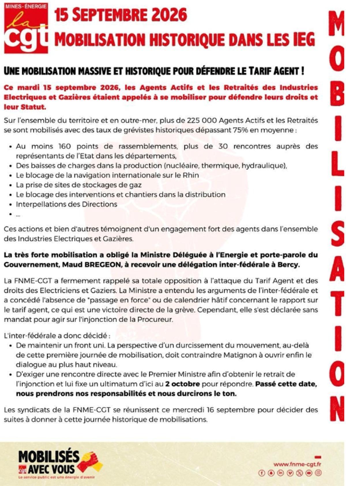 Le 15 Septembre, Mobilisation historique dans les IEG 