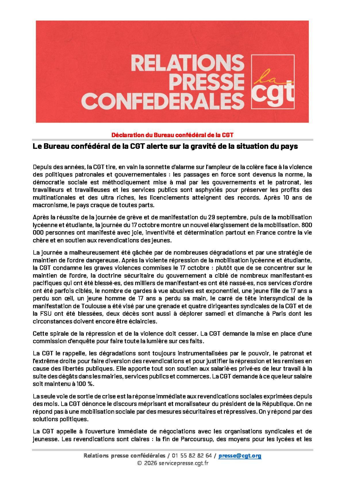 La CGT alerte sur la gravité de la situation du pays
