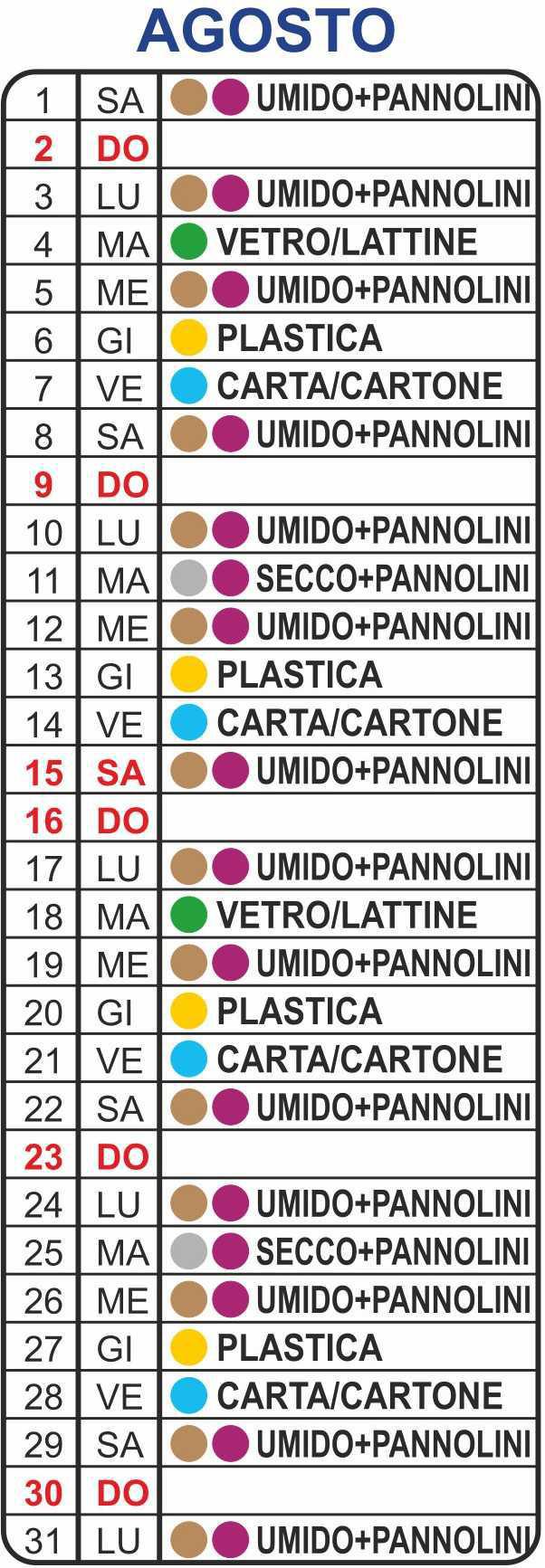 Calendario Raccolta Differenziata