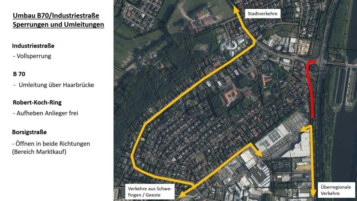 Meppen: Industriestraße gesperrt von der B70 bis zur Zufahrt des Marktkauf- und Albersmarktes
