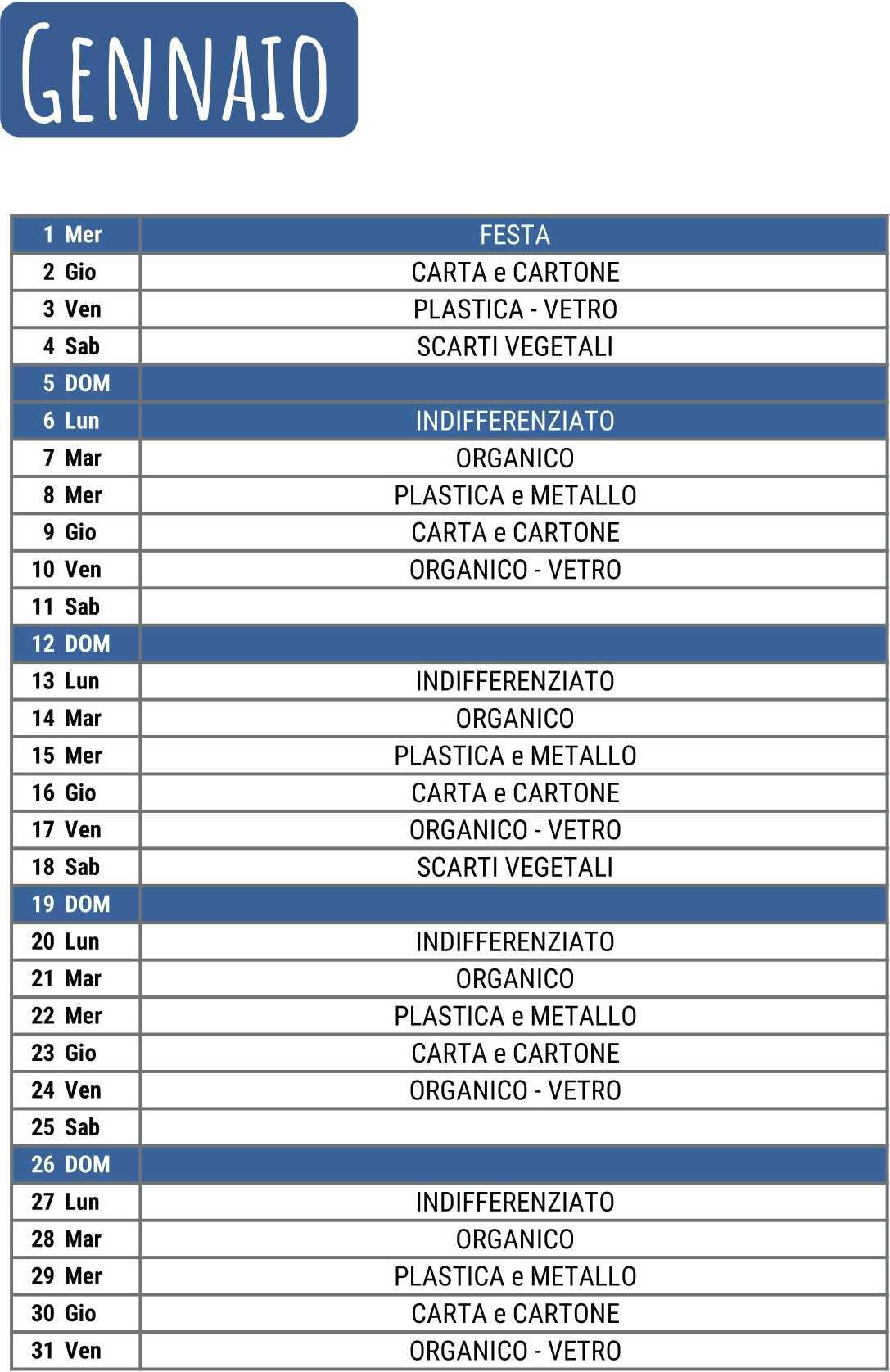 Calendario Raccolta Differenziata