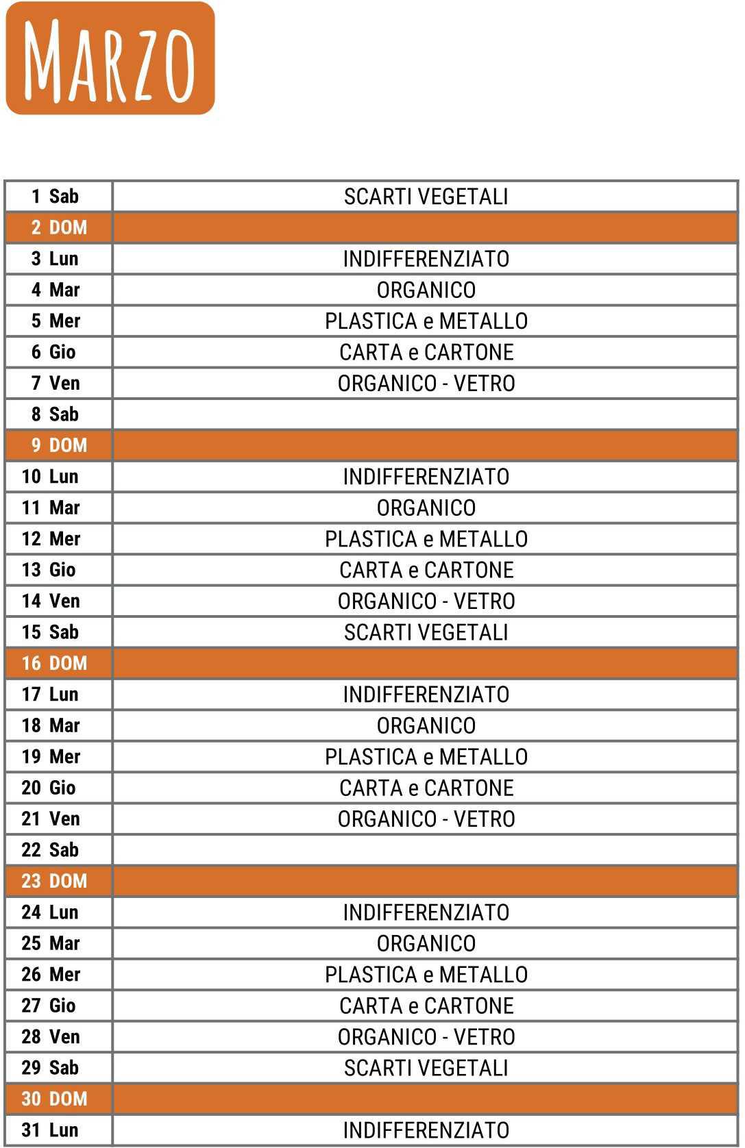 Calendario Raccolta Differenziata