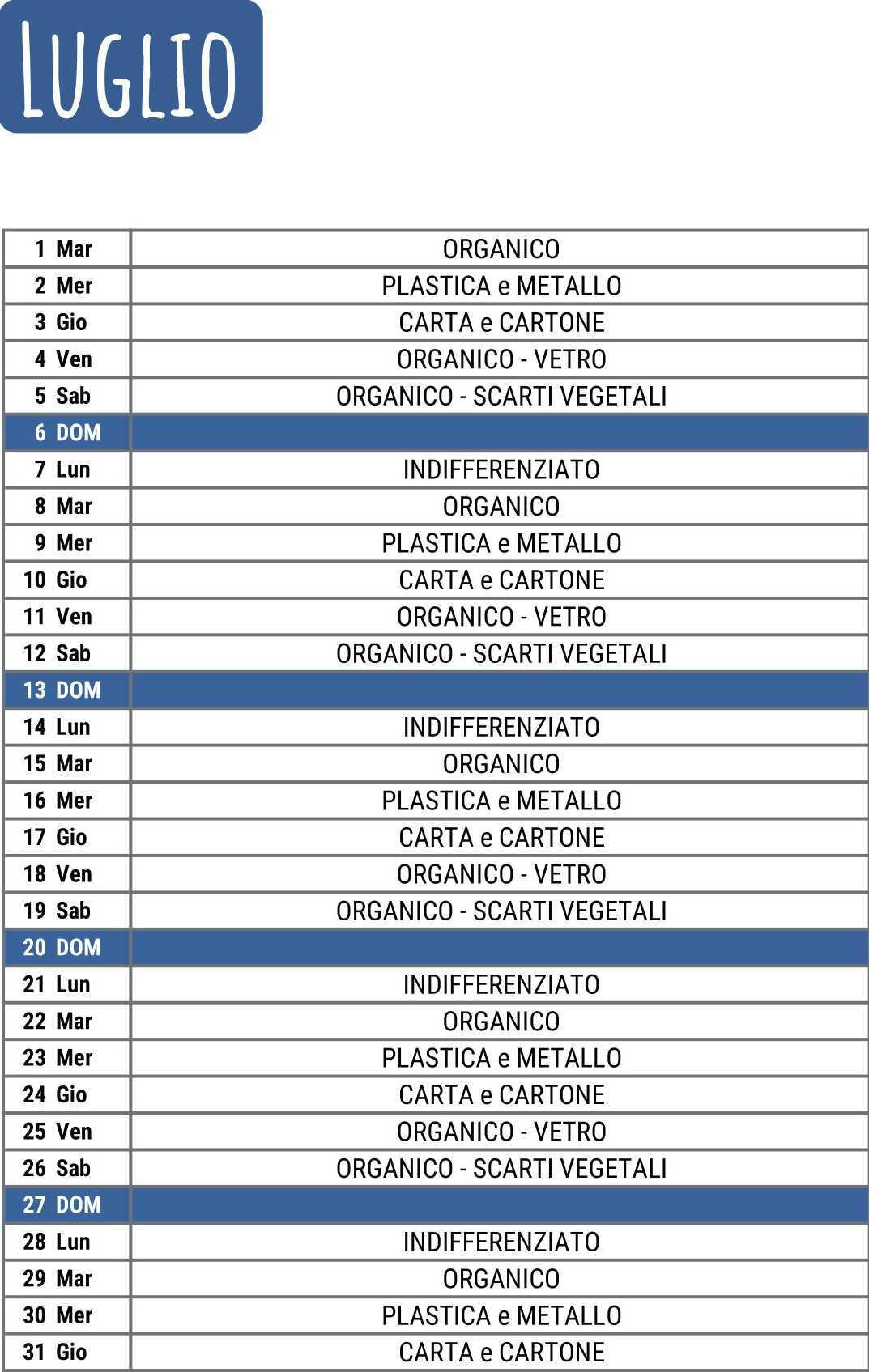 Calendario Raccolta Differenziata