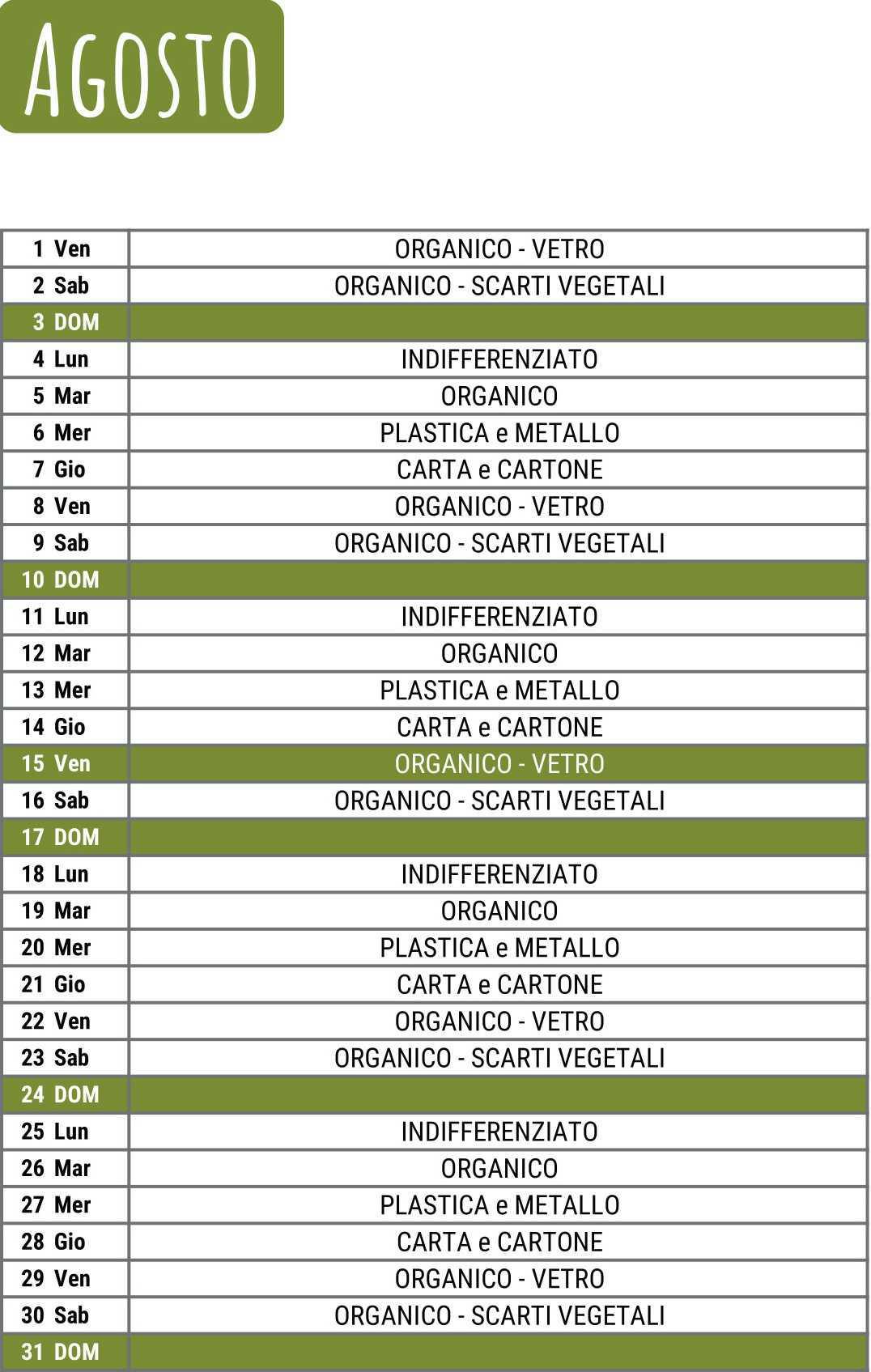Calendario Raccolta Differenziata