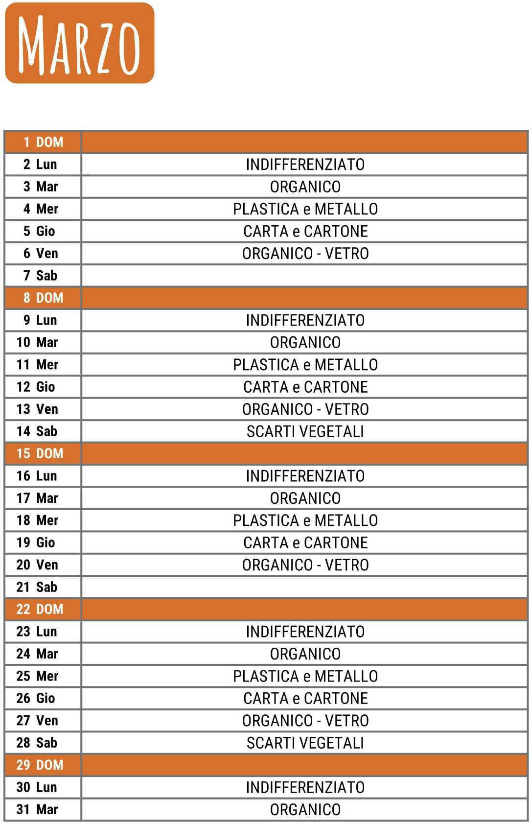 Calendario Raccolta Differenziata