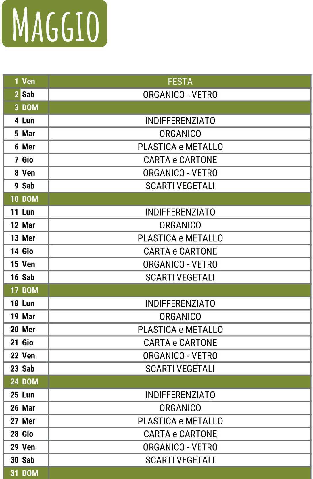 Calendario Raccolta Differenziata
