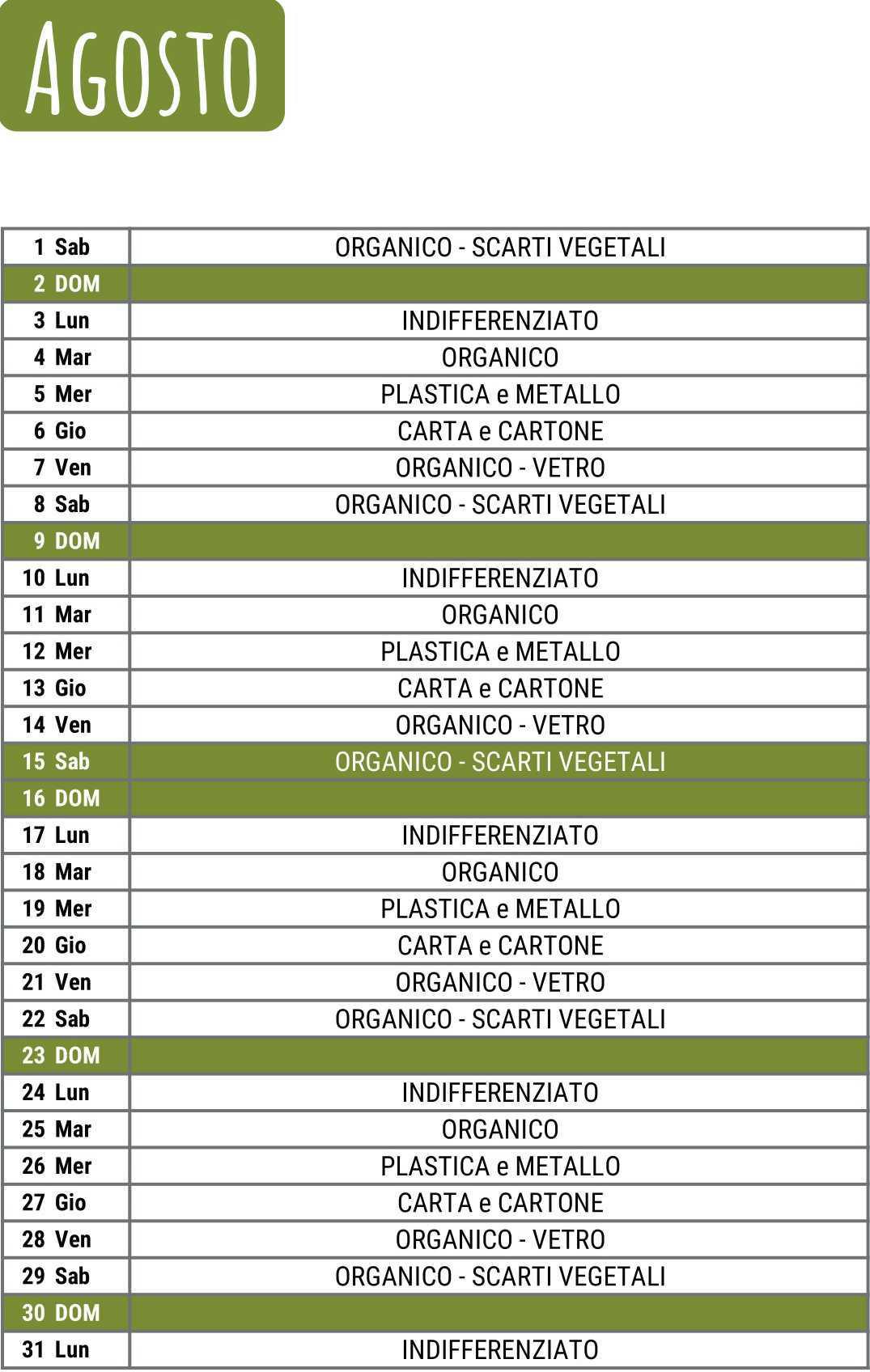 Calendario Raccolta Differenziata