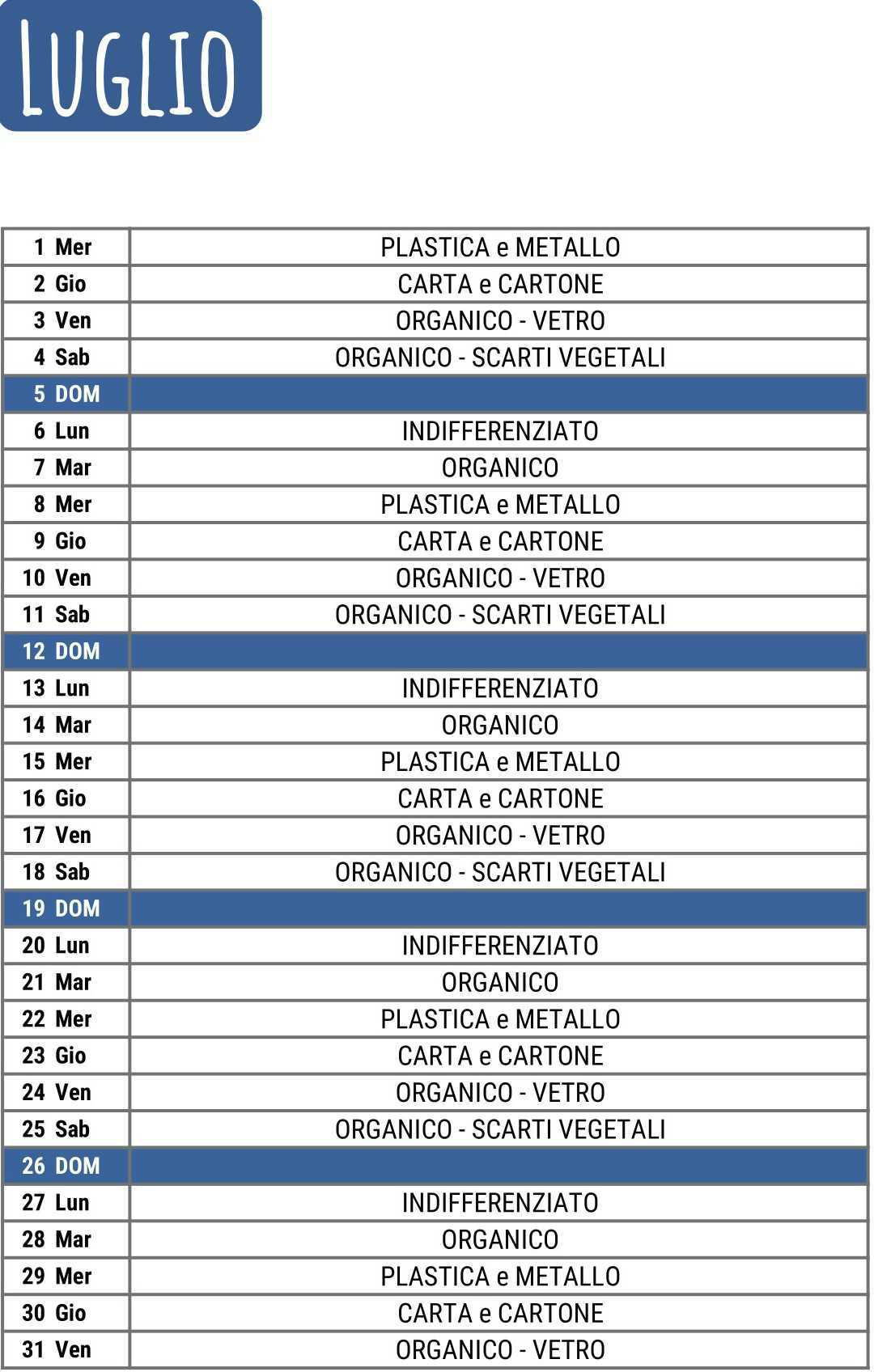 Calendario Raccolta Differenziata