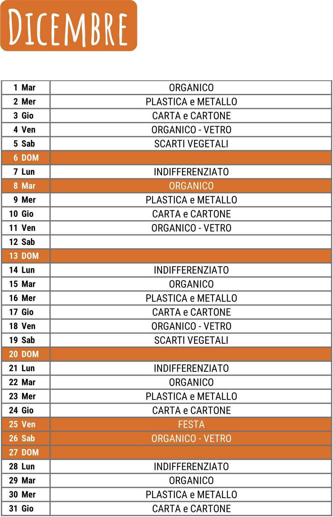 Calendario Raccolta Differenziata