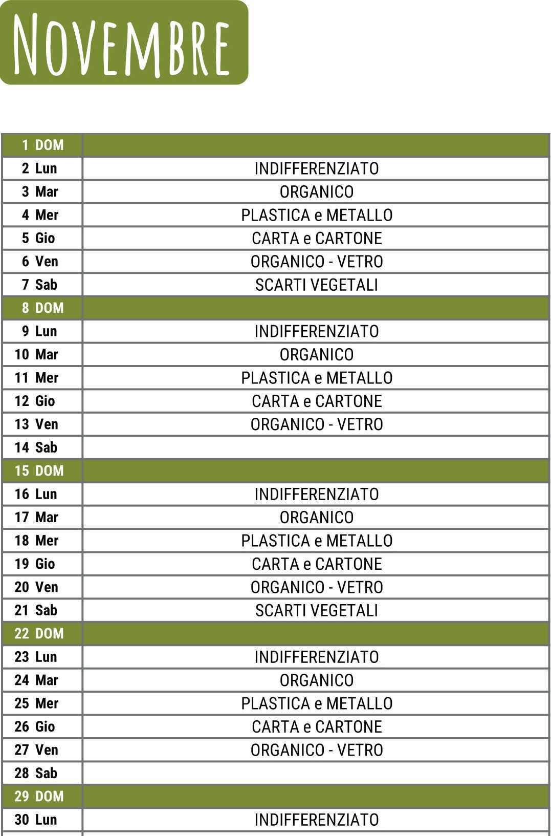 Calendario Raccolta Differenziata