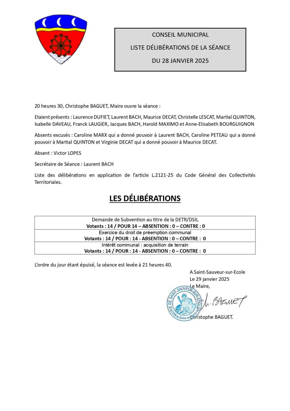 Liste délibérations du 28 janvier 2025