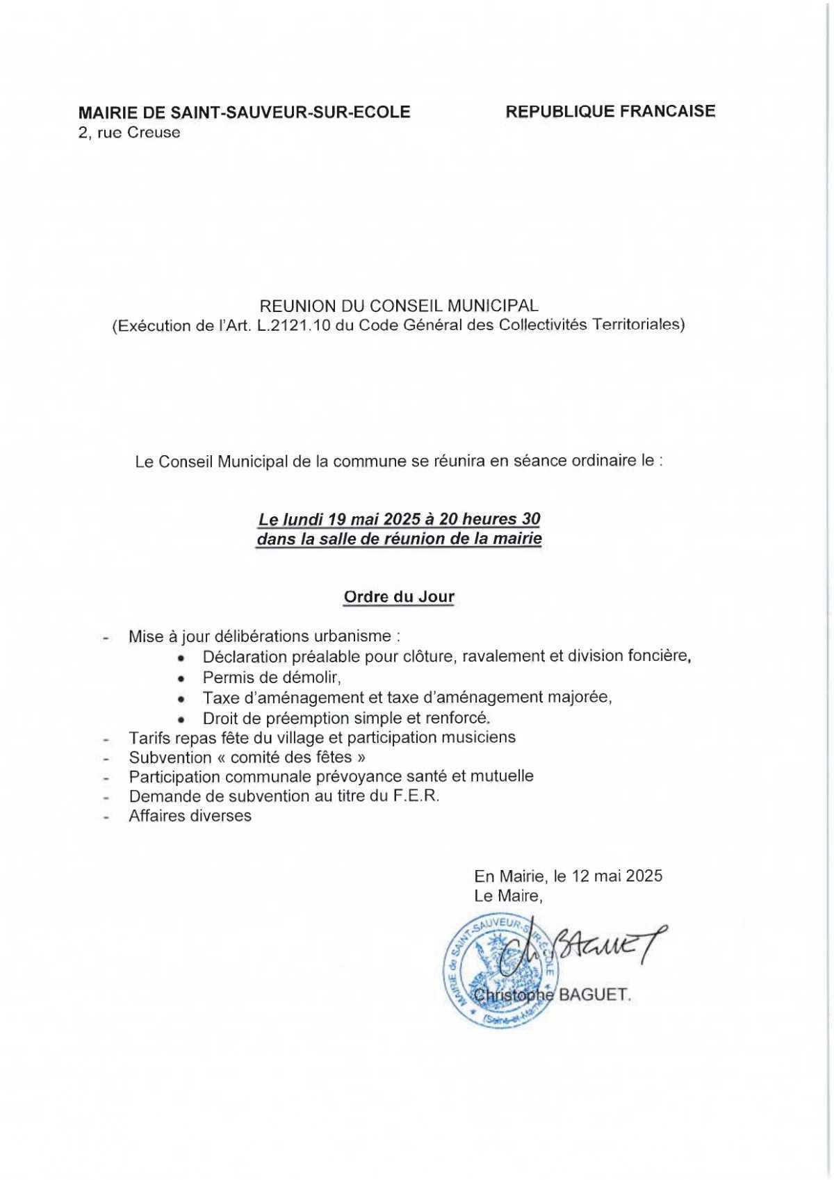 Réunion du Conseil Municipal