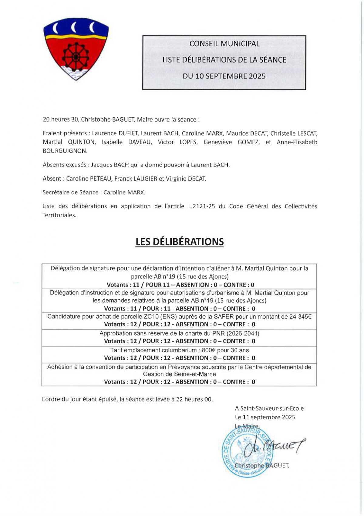 Liste délibérations du 10 septembre 2025