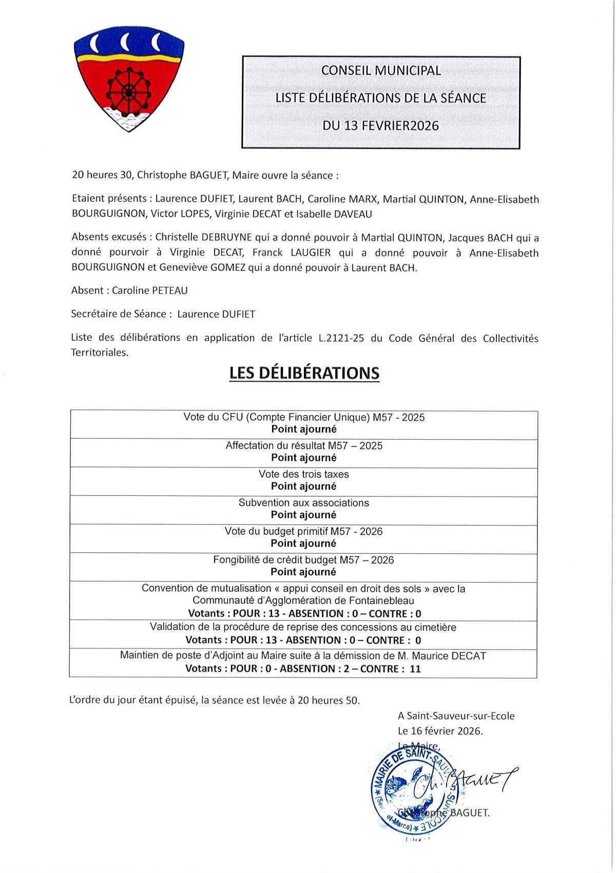 Liste délibérations du 13 février 2026