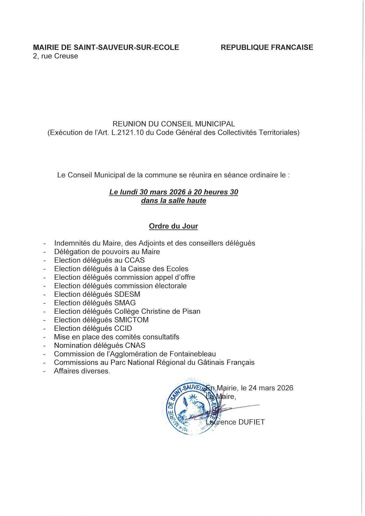 Conseil Municipal : lundi 30 mars 2026
