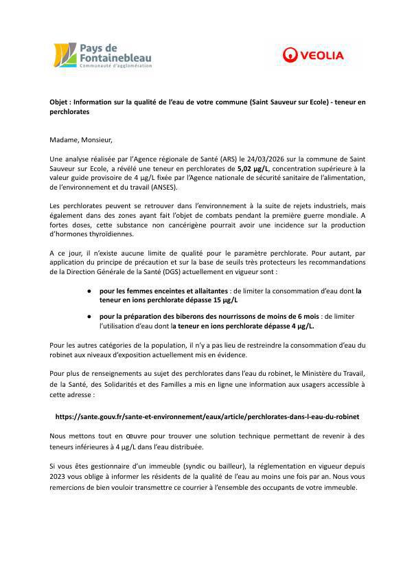 Information sur la qualité de l'eau 