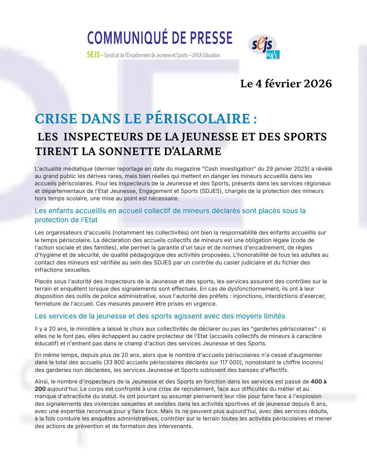 CRISE DANS LE PERISCOLAIRE : LE SEJS REAGIT DANS LES MEDIAS ET TIRE LA SONNETTE D'ALARME