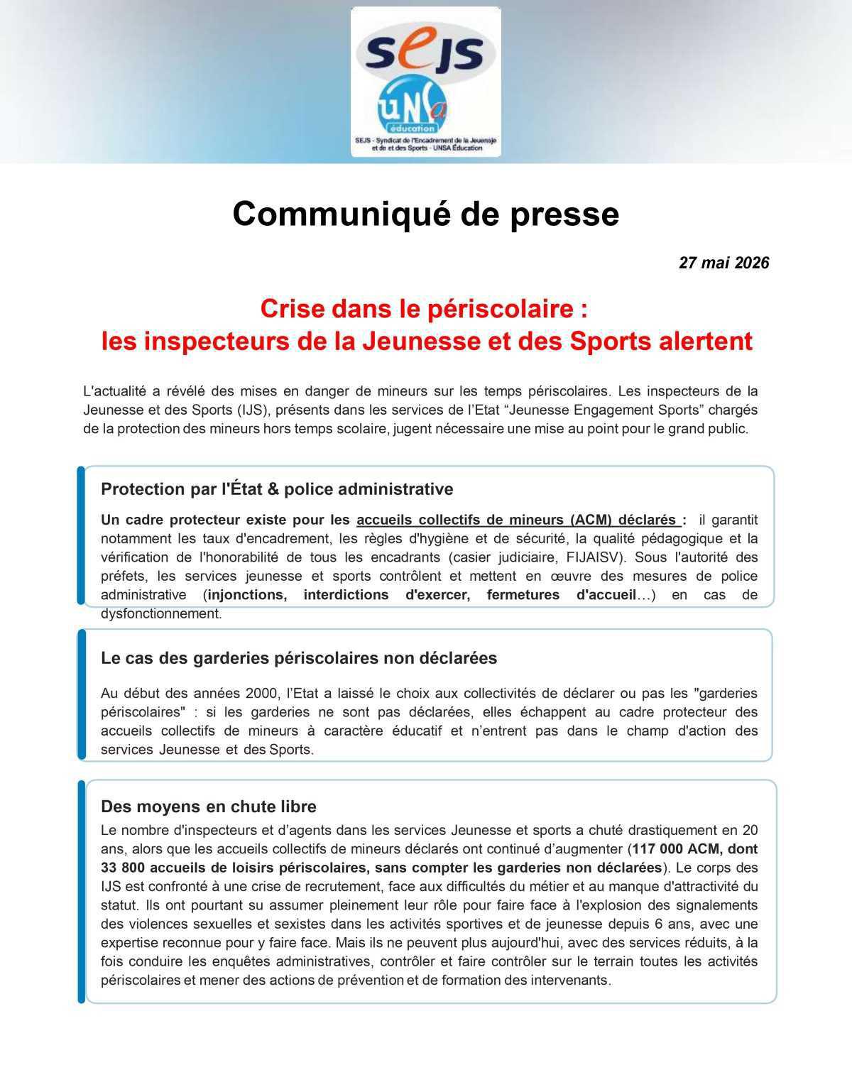 CRISE DANS LE PERISCOLAIRE : L' ALERTE DES INSPECTEURS DE LA JEUNESSE ET DES SPORTS